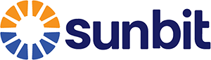 The image shows a logo with text that reads SUNBIT, featuring a stylized sunburst motif, set against a gradient background with shades of orange and blue.